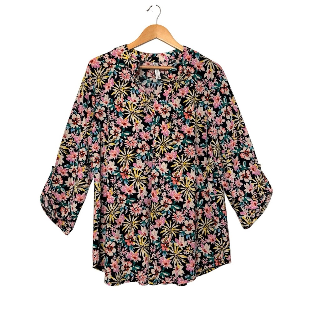 Dear Scarlett Lizzy Tunic Top Lightweight Stretchy Wildflowers‎ 3/4 Sleeve XL